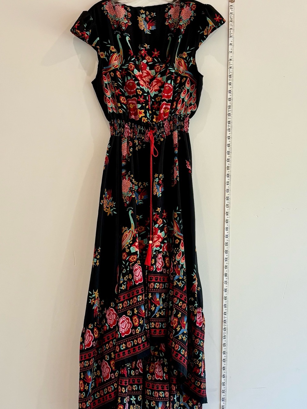 Black Floral & Peacock Maxi Dress with Tie Waist